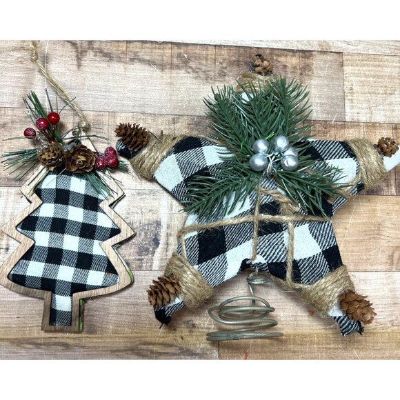 Buffalo Plaid Star & Tree Holiday Ornaments With Jute Accents & - Picture 1 of 5